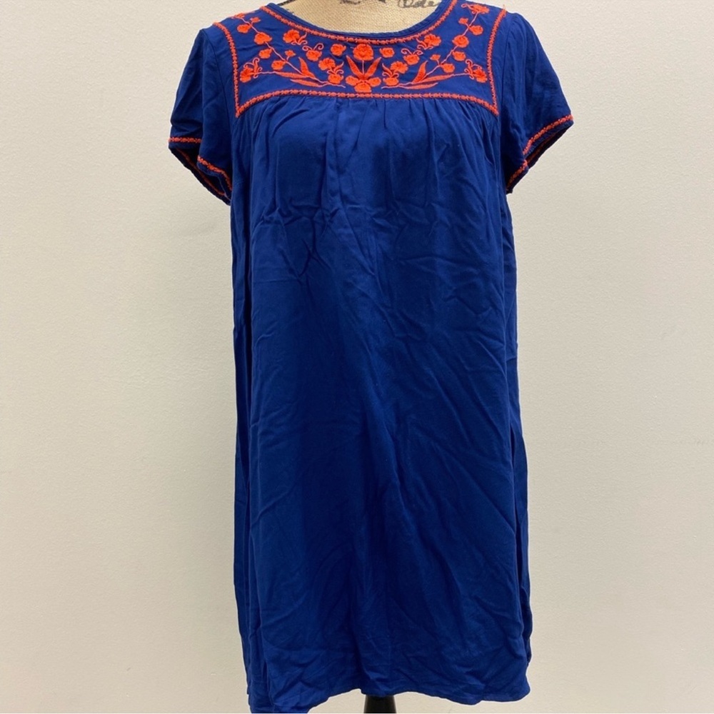 Old Navy blue and red embroidered floral boho peasant tunic mini dress